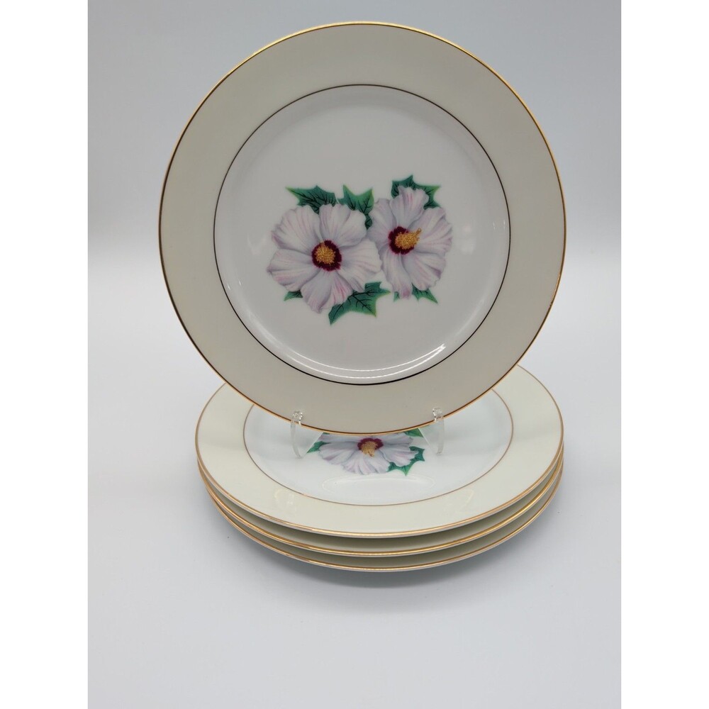 4 Vtg Kent Narumi China Tropical White Hibiscus Salad Plates KENTROP Japan